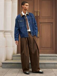 EASEVO Plus Size Men's Casual Solid Color Loose Fit Pants With Oblique Pockets - Brown - View 5