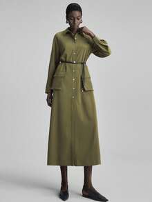 Ontre Urban Chic Style, Minimalist Comfort, Olive Green, Women's Long Dress, Flared Skirt, Stand Collar, Waist Cinched, Patch Pockets, Casual Dress, Relaxed Fit, Autumn Wear, Back To School, Business Casual, Commuter Outfit, 2025 New Arrival Modern Urban Casual Fashion Business Casual Women's Office Wear Low-Key Old Money Style Effortless Temperament High-End Urban Commuting High-Quality Airport Women's Wear High-End Material