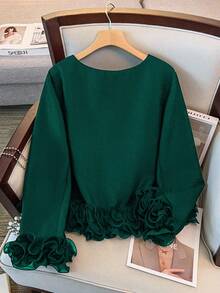 GlowEve CURVE Chaqueta de manga larga y cuello redondo para mujer de talla grande, diseño minimalista versátil adecuado para el uso diario en otoño/invierno, con detalle de puño con volantes - Verde Oscuro - Ver 2