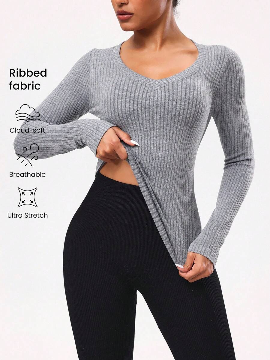 SHEIN Sports Women's Grey Autumn Athleisure Gym Seamless Long Sleeve Deep V Yoga Sports Slim Fit Activewear T-Shirt & Tank Top Ribbed Workout Tummy Control Tops - Grey - View 1