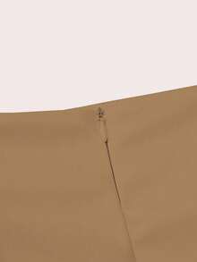 SHEIN Clasi Falda de cuero sintético fruncida de unicolor para mujer - Caqui - Ver 6