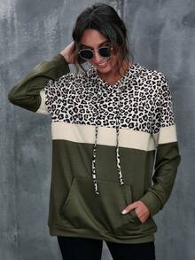 SHEIN LUNE 女式纯色豹纹拼布连帽长袖长款运动衫 - 軍綠色 - 查看 3