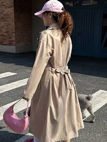 1 件青少年女孩翻领长袖宽松长款风衣夹克，秋季休闲通勤外套 - 卡其色 - 查看 7