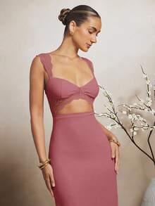 L'Amorae Váy Maxi Không Tay Cắt Lưới Ren Thanh Lịch - Red Plum - Xem 4