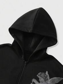 ROMWE MEN Street Life Men's Street Fashion Angel Graphic Zip-Up Hoodie Sweatshirt, Fall/Winter, Long Sleeve Top - Black - View 4