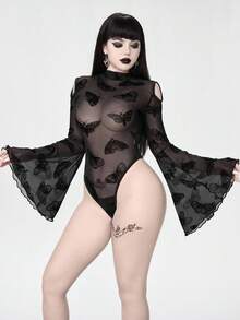 ROMWE Bộ đồ liền thân tay loe phối ren họa tiết bướm Gothic gợi cảm - màu đen - Xem 4