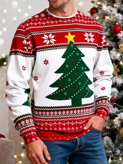 Manfinity Homme Plus Size Men's Christmas Tree & Snowflake Print Crew Neck Long Sleeve Pullover Sweatshirt, Autumn/Winter