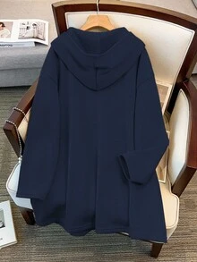 SHEIN Clasi Sudadera con capucha de forro polar con cremallera y unicolor, talla grande, otoño - Azul Marino - Ver 2