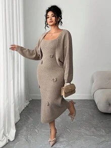 Elenzga Plus Size Solid Color Elegant Knitted Floral Dress With Batwing Cardigan Sweater Set - Khaki - View 1