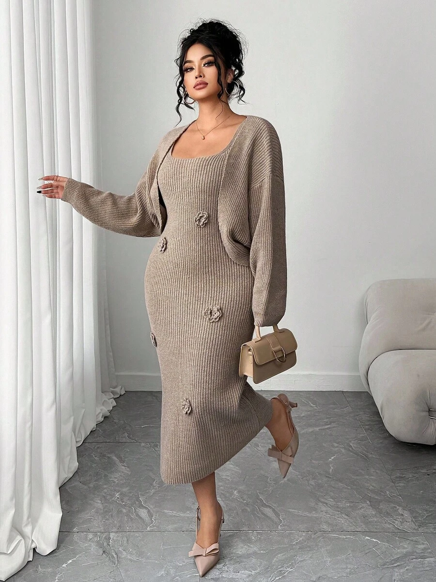Elenzga Plus Size Solid Color Elegant Knitted Floral Dress With Batwing Cardigan Sweater Set - Khaki - View 1