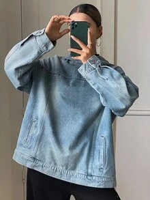 DAZY 西部牛仔女装做旧洗水宽松连帽长袖口袋休闲街头牛仔夹克，适合秋冬女士 - 藍色 - 查看 1