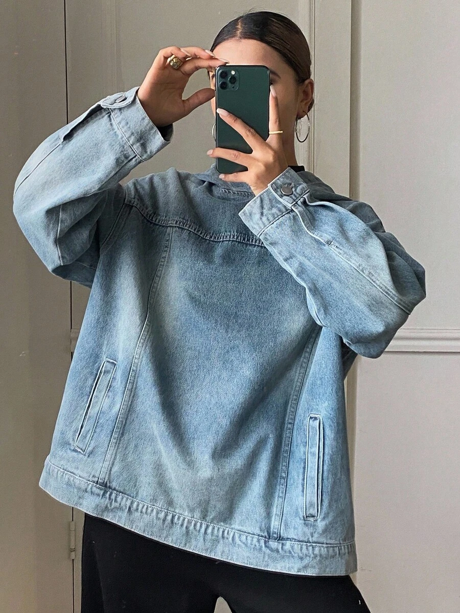 DAZY 西部牛仔女装做旧洗水宽松连帽长袖口袋休闲街头牛仔夹克，适合秋冬女士 - 藍色 - 查看 1