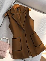 Franclia Women's Contrast Color Sleeveless Vest Waistcoat Jacket Brown Blazer Women