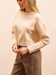 lacRébo Pull avec manches câblées et détail de fente au dos, vêtements d'automne pour femmes, tenues d'automne, vêtements d'automne et d'hiver pour femmes - Nude - Voir 4