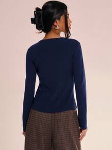 MUSERA 针织圆领长袖上衣，休闲度假机场休闲秋季优雅春夏装 - 藏蓝色 - 查看 3