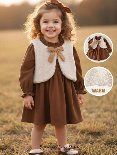 Cozy Pixies 2件套女婴纯色圆领荷叶边腰身连衣裙和无袖背心套装，加厚保暖内衬