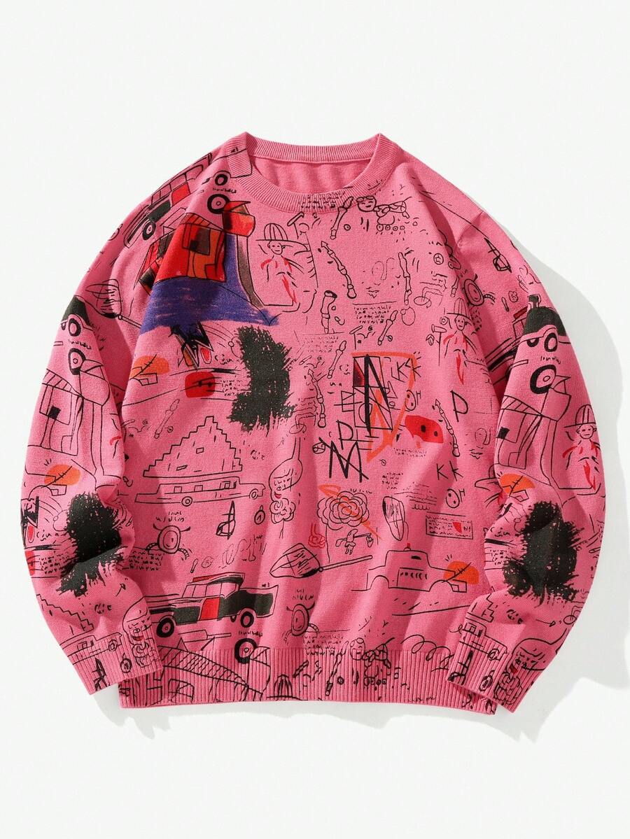 Manfinity Hypemode Men's Christmas Family Cartoon Pattern Men Sweater Casual Crew Neck Long Sleeve Sweater, Christmas - Hot Pink - View 1