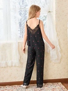 SHEIN Girls' Romantic Cherry Print Lace Camisole & Long Pants Pajama Set - Black - View 3