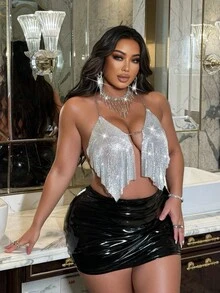 NU&NOW NU&NOW Sexy Metallic Chain & Sequin Sleeveless Plus Size Blouse For Party, Christmas Top,Fancy Party Outfits,New Year Outfit,Silver