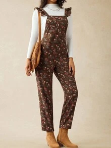 Boho Mama 孕婦碎花拼接荷葉邊連身褲，孕婦吊帶褲，保守風夏季音樂會藍色蝴蝶秋季款 - 棕色 - 查看 12