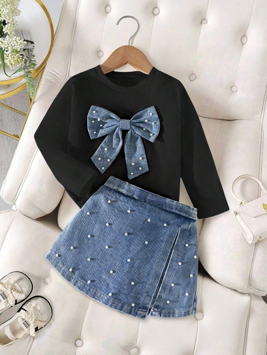 Elladie kids Girls' Casual Fashion Daily Street Crew Neck Long Sleeve Bow & Pearl Design T-Shirt With High Waist Short Denim Skort, Back To School Outfit, All Season