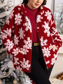 Comfylo 大码女式雪花图案长袖拉链抽绳连帽休闲卫衣，秋冬季，圣诞节/冬季女式舒适保暖秋冬装，适合圣诞节、新年、感恩节等节日派对穿着 - 紅色 - 查看 3