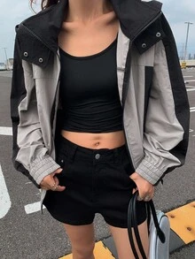 DAZY 女式休闲拼接拉链连帽夹克，秋季 - 黑色 - 查看 4