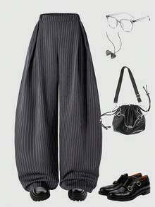 1 件女童褶皱阔腿裤，松紧腰，宽松竖条纹梭织休闲长裤，秋季