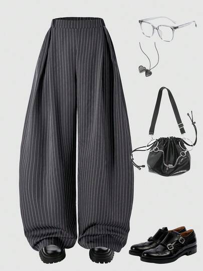 1 件女童褶皱阔腿裤，松紧腰，宽松竖条纹梭织休闲长裤，秋季