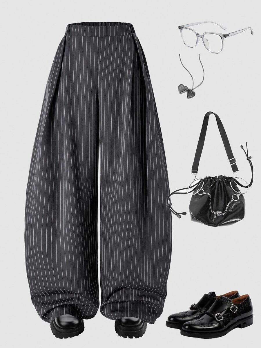 1 件女童褶皱阔腿裤，松紧腰，宽松竖条纹梭织休闲长裤，秋季