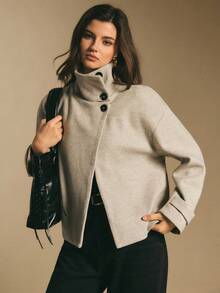 Poéselle Áo khoác nữ dáng suông cổ cao, cài cúc phía trước, vai rớt, thích hợp cho mùa xuân/thu đông, phong cách cổ điển, thường ngày cho nữ, dịp năm mới, thanh lịch, mùa thu/đông, mùa đông cho nữ. - Màu Khaki - Xem 1