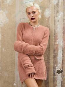 COUREZ Long Sleeve Zip Front Fluffy Knit Cardigan /Y2K Spring Casual Going Out Tops Women's Spring Cardigan Chic - Coral Pink - View 4