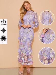 Amorya 女士优雅刺绣修身长袖连衣裙，适合派对、聚会、婚礼等多种场合 - 彩色 - 查看 2