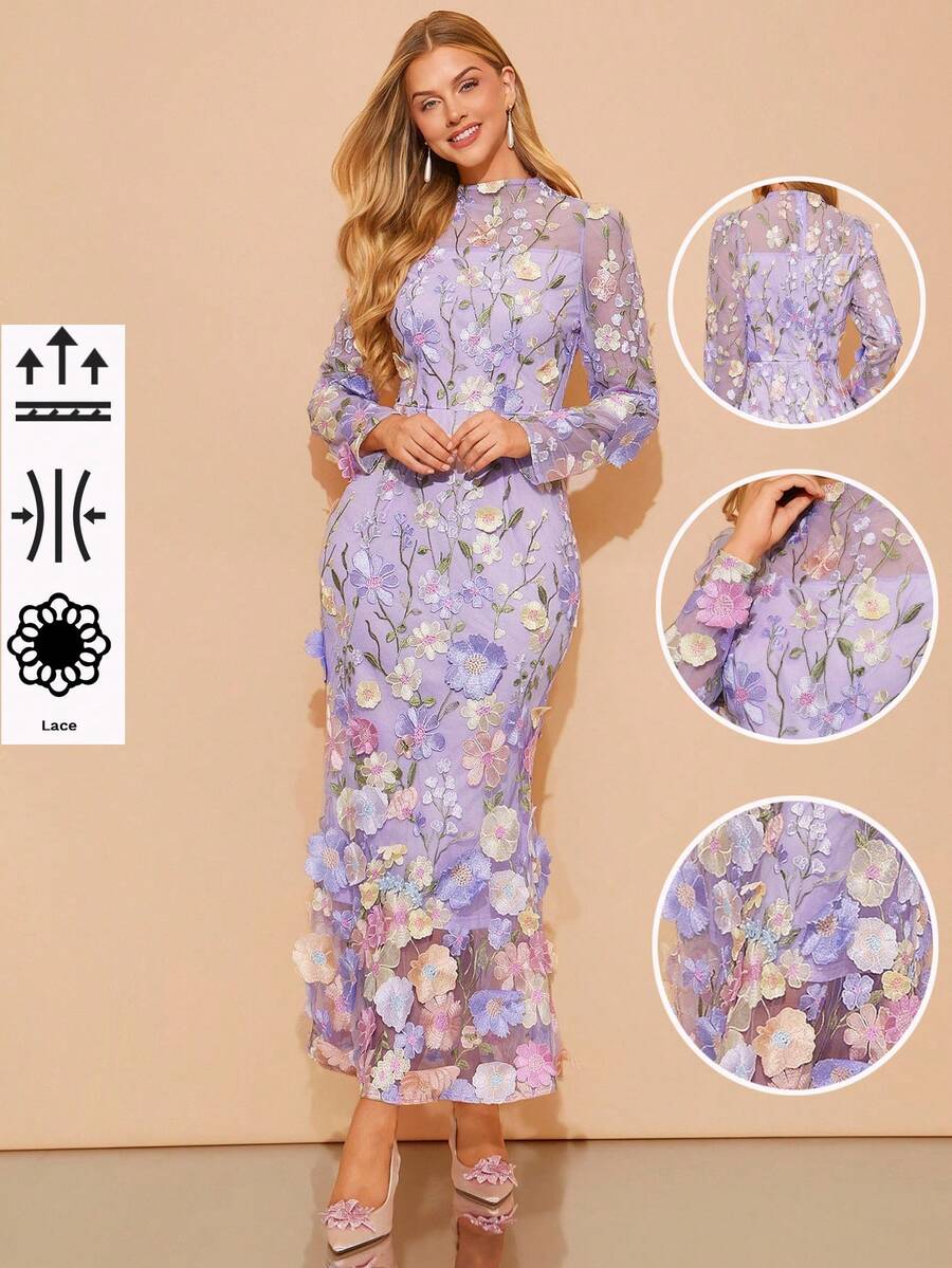 Amorya 女士优雅刺绣修身长袖连衣裙，适合派对、聚会、婚礼等多种场合