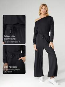 GLOWMODE Mono de pierna ancha de uso diario y casual con hombros descubiertos, cintura ajustable con cordón y efecto peek-a-boo, de tela tipo nube