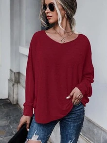 EMERY ROSE Casual Solid Color Batwing Sleeve Back Tie T-Shirt, Autumn - Red - View 2