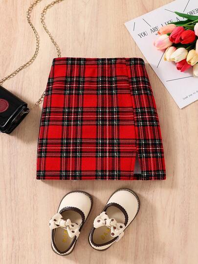 SHEIN 年轻女孩圣诞节开衩喇叭下摆格子印花 A 字裙，复古红色休闲/办公室优雅秋冬装，红色适合圣诞节、派对装、日常上学装、生日礼服、公主裙、妈妈和女儿及姐妹搭配