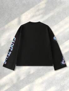 ROMWE MEN Street Life Sudadera de cuello redondo de manga larga con estampado de cruz y letras, informal para hombre, otoño/invierno - Negro - Ver 2