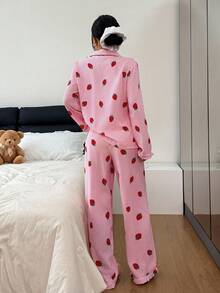 Eraneu 荷叶边条纹草莓图案上衣和裤子女士睡衣套装 草莓睡衣套装 草莓主题女装 可爱睡衣套装 秋冬服装 - 粉色 - 查看 2