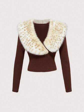 J-Fashion Top court sexy à col en V en patchwork de fourrure, style Harajuku chic Y2K, pour l'automne/hiver