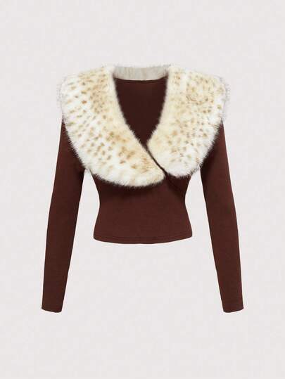 J-Fashion Top court sexy à col en V en patchwork de fourrure, style Harajuku chic Y2K, pour l'automne/hiver