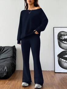 SHEIN EZwear 女式春夏基本款针织纯灰色宽松露肩不对称领口长袖运动衫和喇叭裤健身套装，两件套服装 - 藏蓝色 - 查看 4