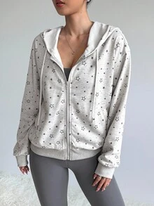 Dewbera Áo khoác thể thao có mũ trùm đầu in hình ngôi sao thường ngày dành cho nữ, mùa thu - Màu Xám nhạt - Xem 6