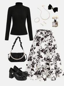 SHEIN 少女黑色毛绒罗纹高领长袖 T 恤和花卉印花短裙休闲两件套 - 黑色 - 查看 2