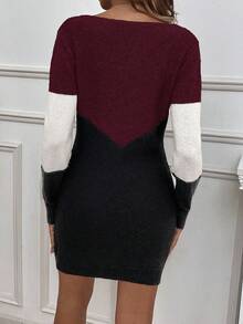 EMERY ROSE Women's Fashionable Contrast Color Round Neck Long Sleeve Fitted Knit Dress, Autumn/Winter - Red - View 2