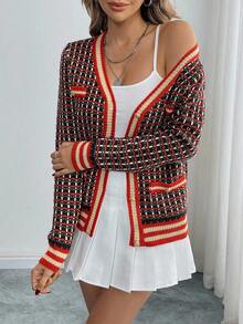 Elenzga 女式撞色休闲针织开衫 - 紅色 - 查看 5