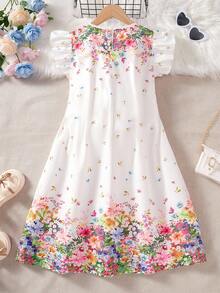 SHEIN Tween Girl Faux Collar Floral Print Cap Sleeve Dress, Without Belt - Pink - View 2