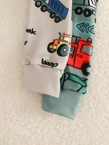 2pcs/Set Baby Boy Autumn/Winter Knit Playful Digger, Crane, Truck Print Colorblock Jumpsuit, Long Sleeve Jumpsuit - Multicolor - View 3