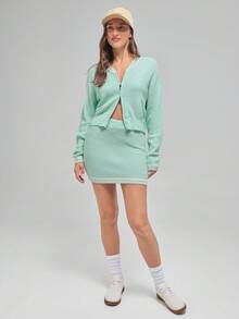 Menodora SHEIN Sport Women Solid Color Zip-Up Long Sleeve Top And Striped Print Skirt Sweater 2 Pieces Set Autumn Winter Clothes For Women - Green - View 3