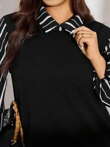 Zelara 大码女式秋冬黑白条纹撞色衬衫领两合一连衣裙 感恩节假日派对连衣裙 - 黑與白 - 查看 1